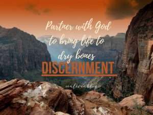 "Discernment: Partner with God to bring life to dry bones" text on image of mountain ledge