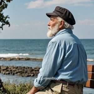 An old sea captain sitting on a park bench by the sea