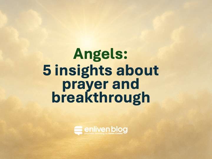 "Angels: 5 Uplifting Insights About Prayer and Breakthrough" text on gold background with clouds