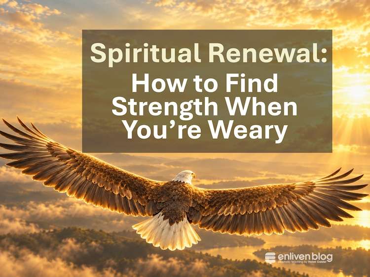 Spiritual Renewal: How to Find Strength When You're Weary Text on overhead view image of eagle flying in gold tones